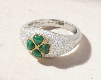 925 Sterling Silver Malachite and Diamond Ring, Heart Shape Ring, Wedding Ring,  Handmade Jewelry, Gift For Her