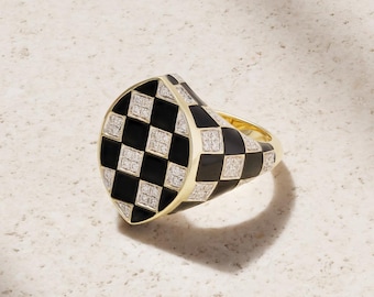 925 Sterling Silver Chessboard Ring, Diamond and Enamel Ring, Black and White Checker Band Ring, Handmade Jewelry, Women Ring