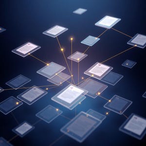 May include: Digital image of tablets with documents, linked by glowing lines and dots, set against a dark blue backdrop. The image conveys data flow and networking, with a modern, technological aesthetic.