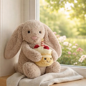 May include: A soft, beige bunny toy with long ears and a pink nose, clutching a cupcake decorated with red cherries and a lit candle. The bunny sits on a white cloth near a window with a green backdrop.