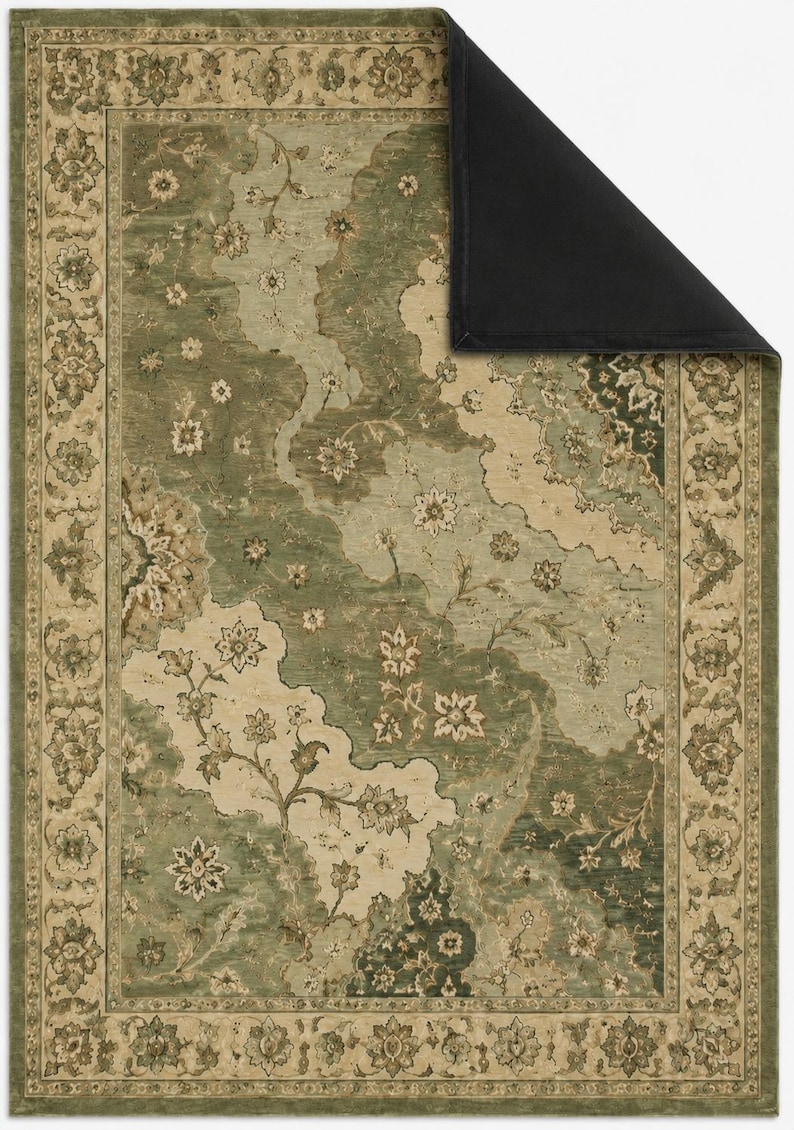 Op de afbeelding: Een rechthoekig vloerkleed met een saliegroen en cr&egrave;mekleurig bloemenpatroon en een decoratieve rand. Het kleed heeft een omgevouwen hoek die een effen zwarte onderkant laat zien. Het ontwerp bevat gedetailleerde botanische motieven en ranken.