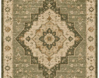 Handgetuft wollen vloerkleed, vintage Oushak vloerkleed, saliegroen vloerkleed, traditioneel geïnspireerd tapijt, vloerkleed met bloemenmedaillon, wollen vloerkleed op maat