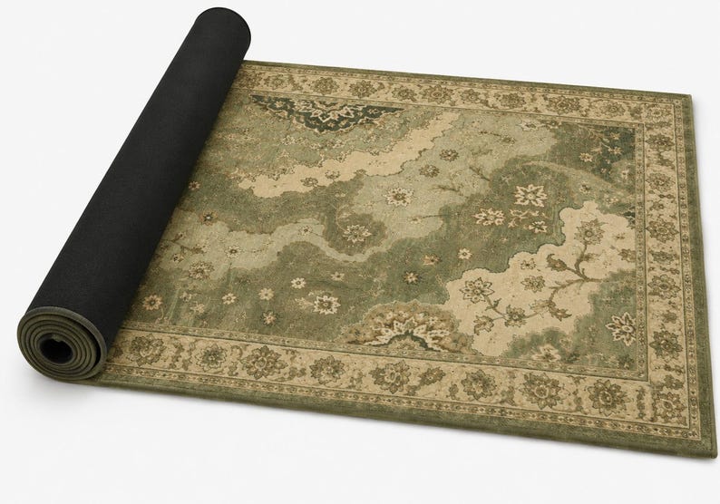 Op de afbeelding: Een rechthoekige yogamat met een saliegroen en cr&egrave;mekleurig bloemenpatroon en een decoratieve rand. De mat is gedeeltelijk opgerold, waardoor een effen zwarte onderkant en een gestructureerd oppervlak met een botanische print zichtbaar zijn.