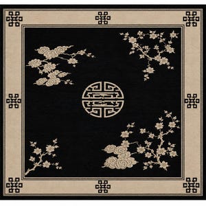 Handtuftad ullmatta, svartbeige orientalisk matta, asiatisk blommig matta, japansk stil, lyxig vardagsrumsmatta