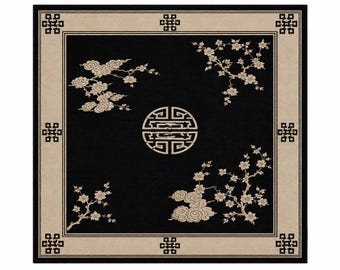 Hand Tufted Wool Rug, Black Beige Oriental Area Rug, Asian Floral Rug, Japanese Style Carpet, Luxury Living Room Rug Decor