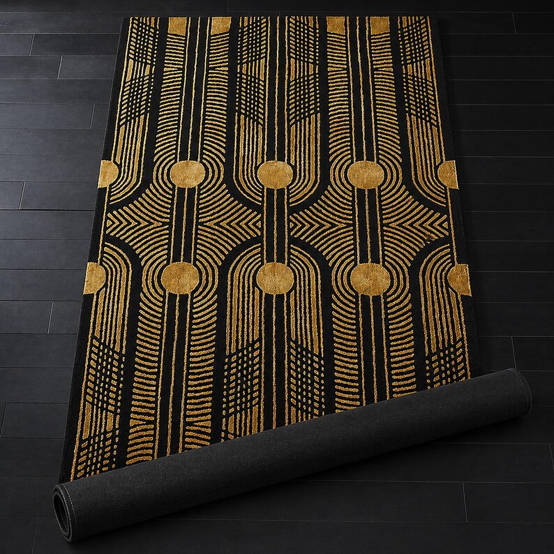 Handtuftad ullmatta i svart guld, art déco-matta, geometrisk modern matta, lyxig vardagsrumsmatta, handgjord ullmatta bild 3