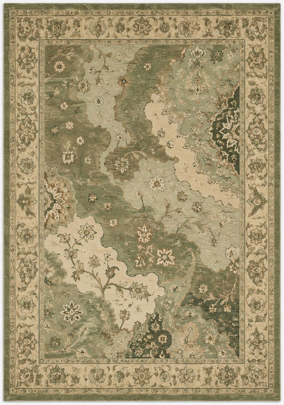 Hand Tufted Wool Rug, Vintage Oushak Style Rug, Sage Green Floral Area Rug, Traditional Oriental Carpet, Handmade Living Room Rug