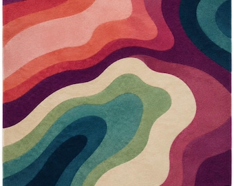 Retro Wave Wool Rug, Colorful Abstract Hand Tufted Area Rug, Psychedelic Carpet, Modern Boho Living Room Decor
