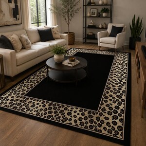 Tapete preto de lã tufada à mão com borda de leopardo, tapete moderno com estampa animal, tapete de luxo para sala de estar, tapete feito à mão. imagem 3