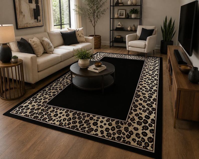 Tapete preto de lã tufada à mão com borda de leopardo, tapete moderno com estampa animal, tapete de luxo para sala de estar, tapete feito à mão. imagem 3