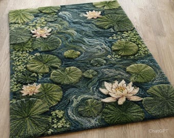 Lotus Flower Wool Rug, Water Lily Pond Carpet, Hand Tufted Botanical Area Rug, Nature Inspired Cottagecore Decor