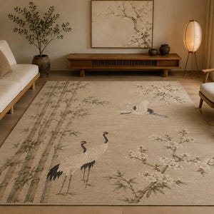 May include: A rectangular area rug in a neutral beige tone featuring a printed design of green bamboo stalks on the left side, two white cranes with red crowns standing in the foreground, and white cherry blossom branches across the surface.