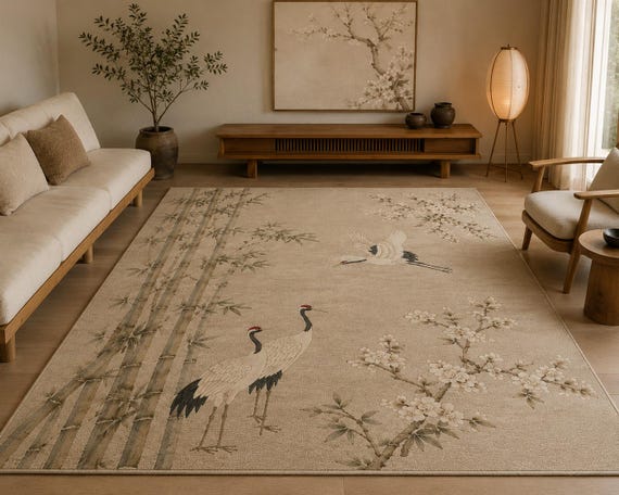 Hand Tufted Wool Rug, Japanese Crane Rug, Bamboo Floral Area Rug, Oriental Living Room Rug, Zen Home Decor, Luxury Wool Carpet
