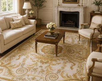 Traditional Floral Hand Tufted Wool Rug, Ivory Gold Area Rug, Elegant Living Room Carpet, Classic Luxury Home Decor