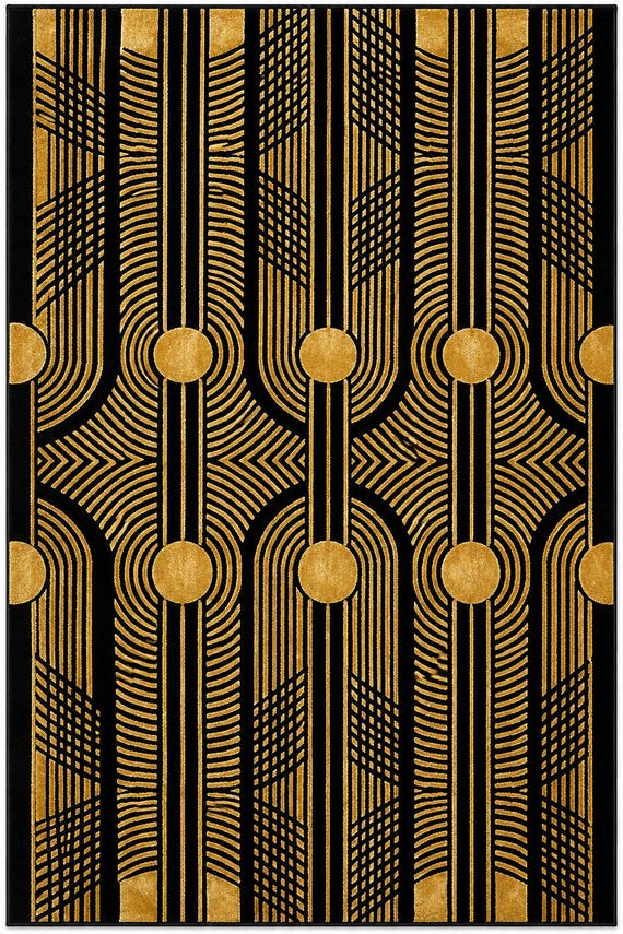 Black Gold Hand Tufted Wool Rug, Art Deco Area Rug, Geometric Modern Rug, Luxury Living Room Carpet, Handmade Wool Rug