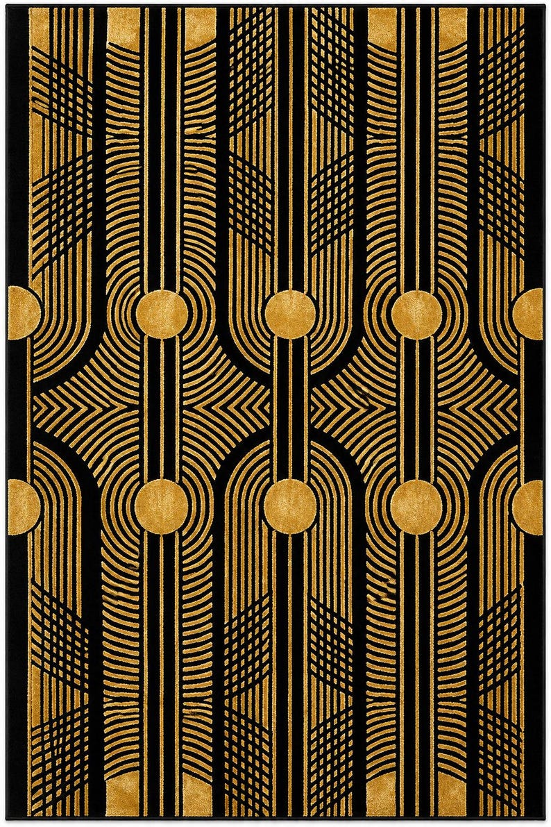 Handtuftad ullmatta i svart guld, art déco-matta, geometrisk modern matta, lyxig vardagsrumsmatta, handgjord ullmatta bild 1
