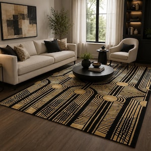 Handtuftad ullmatta i svart guld, art déco-matta, geometrisk modern matta, lyxig vardagsrumsmatta, handgjord ullmatta bild 2