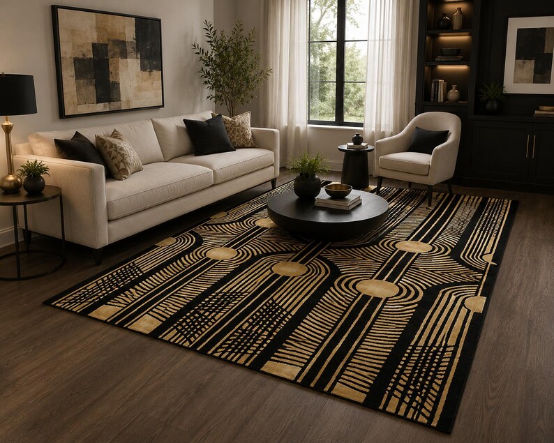 Handtuftad ullmatta i svart guld, art déco-matta, geometrisk modern matta, lyxig vardagsrumsmatta, handgjord ullmatta bild 2