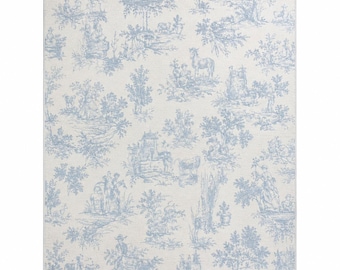 Frans landelijk toilettapijt, handgetuft wollen vloerkleed, blauw wit vintage boerderijtapijt, chinoiserie-cottage decortapijt