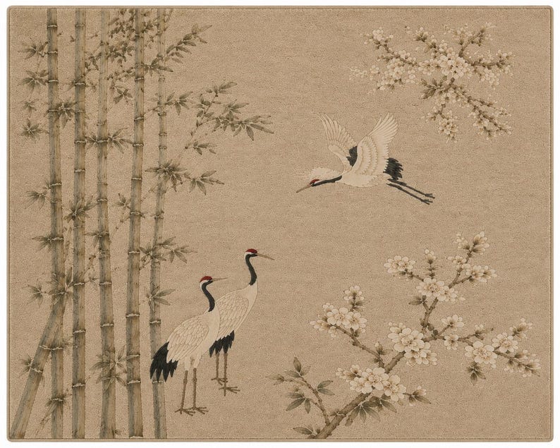 Hand Tufted Wool Rug, Japanese Crane Rug, Bamboo Floral Area Rug, Oriental Living Room Rug, Zen Home Decor, Luxury Wool Carpet image 2