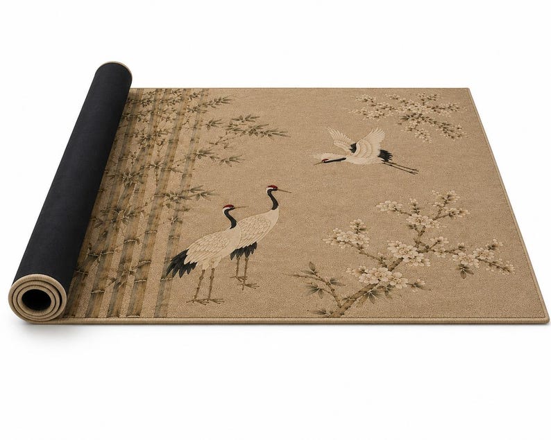 May include: A rectangular area rug with a tan background featuring a printed design of two standing cranes, one flying crane, bamboo stalks, and flowering branches. The rug is partially rolled up, revealing a solid black underside and a tan edge binding.
