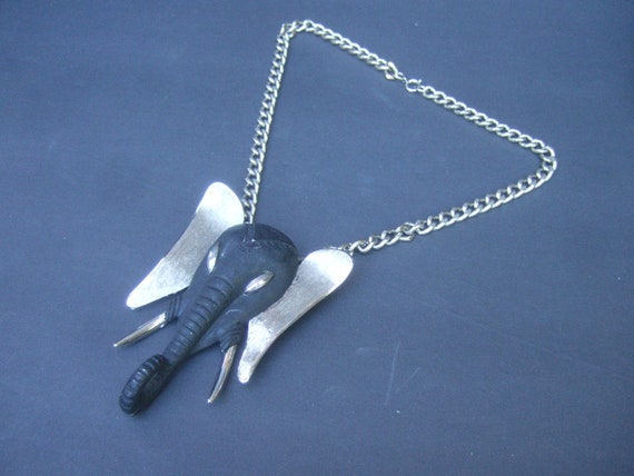MASSIVE Ebony Resin Silver Metal Elephant Pendant… - image 6