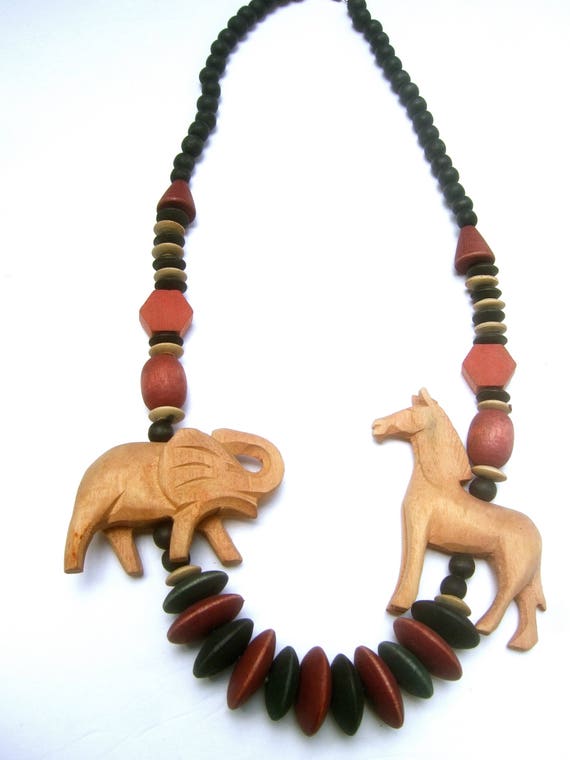 Exotic Wood Hand Carved Animal Bead Necklace