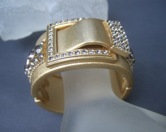 Elegant Crystal Wide Gilt Matte Metal Hinged Cuff Bracelet