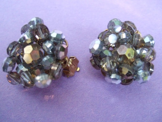 ROBERT Crystal Beaded Button Earrings c 1960 - image 1
