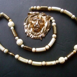 Long Dramatic Gilt Lion Pendant Necklace c 1980s image 2