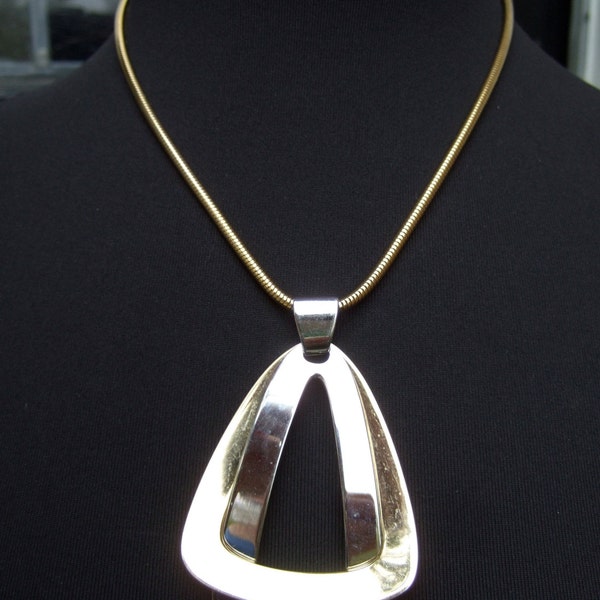 Napier Modernist Gilt & Chrome Pendant Necklace c 1970