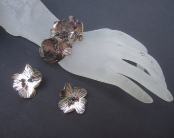 Bracelet Floral Vintage Années 70 - Plaque Porcelaine, Métal Argenté, Fermoir Crochet