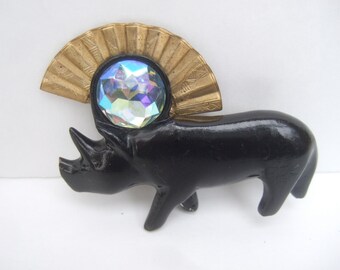 Whimsical Wood Enamel Jeweled Rhinoceros Brooch