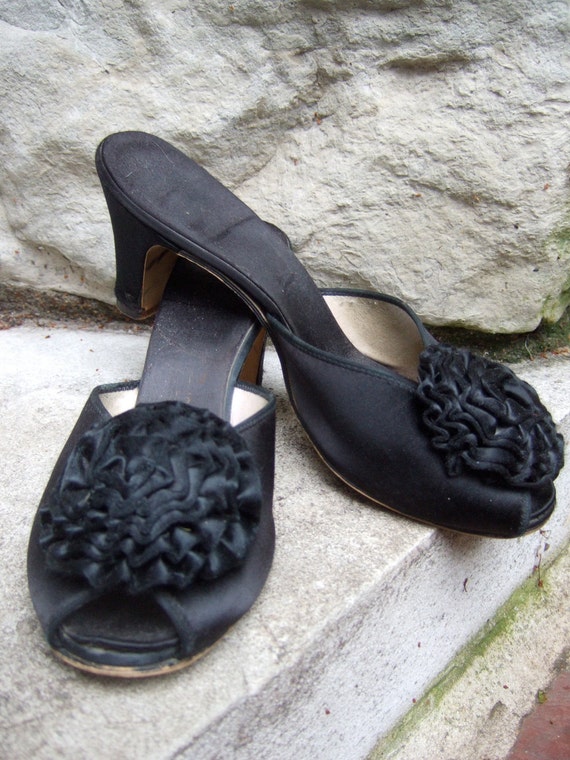 Black Satin Boudoir Peep Toe Slippers c 1950