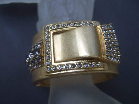 Elegant Crystal Wide Gilt Matte Metal Hinged Cuff… - image 4