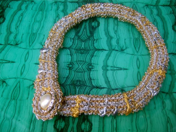 Unique Artisan Woven Mesh Metallic Pearl Choker N… - image 4