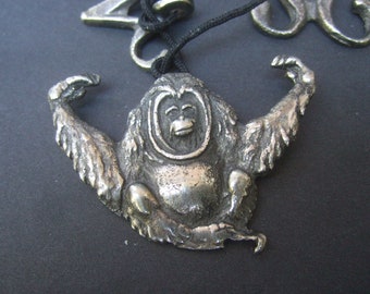 Whimsical Chimpanzee Silver Metal Medallion Rope Cord Necklace