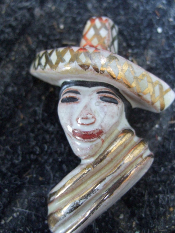 1950s Ceramic Mexican Figural Glazed Enamel Brooch