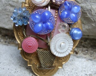 Unique Flower Basket Artisan Button Brooch c 1980