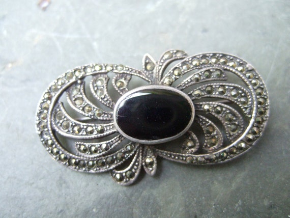 Sterling Marcasite Jet Stone Brooch - image 1