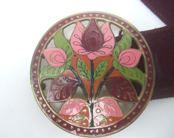 1970s Enamel Floral Buckle Burgundy Suede Belt