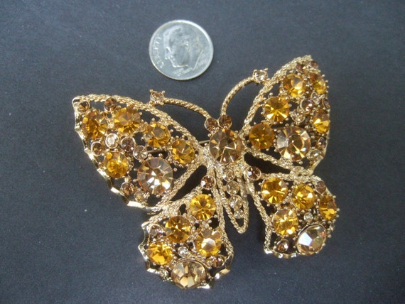 Glittering Golden Yellow Crystal Butterfly Brooch… - image 4