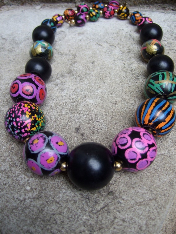 Unique Hand Painted Wood Beaded Vintage Necklace … - image 1