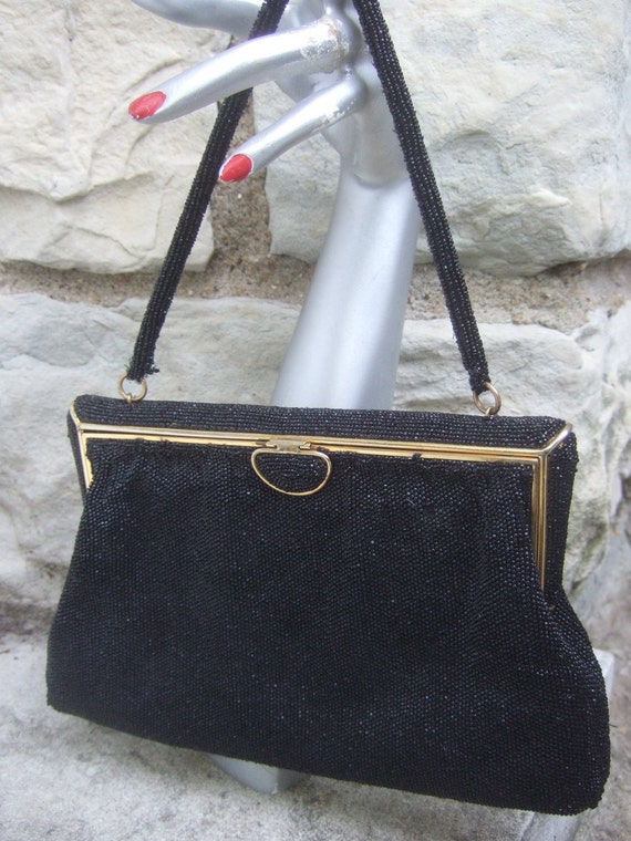 Elegant Black Glass Beaded Evening Bag  1960