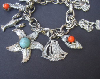 Sea Life Theme Dangling Charm Bracelet c 1970