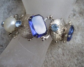 Sapphire Blue Crystal & Pearl Silver Leaf Bracelet c 1950s