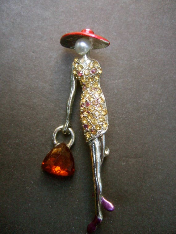 Unique Crystal Figural Red Hat Lady Brooch - image 1