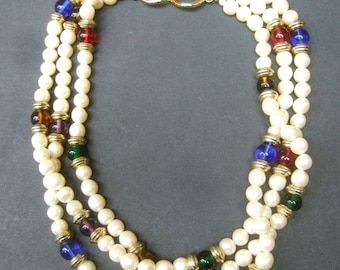 Opulent Glass Beaded Pearl Choker Necklace 1980s