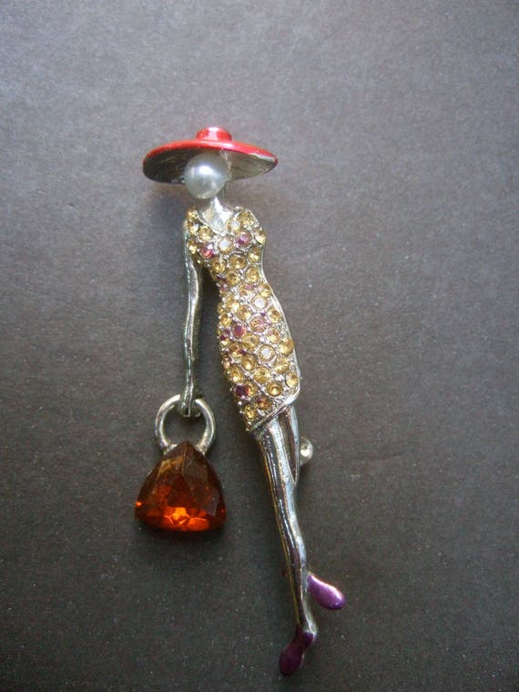 Unique Crystal Figural Red Hat Lady Brooch - image 3