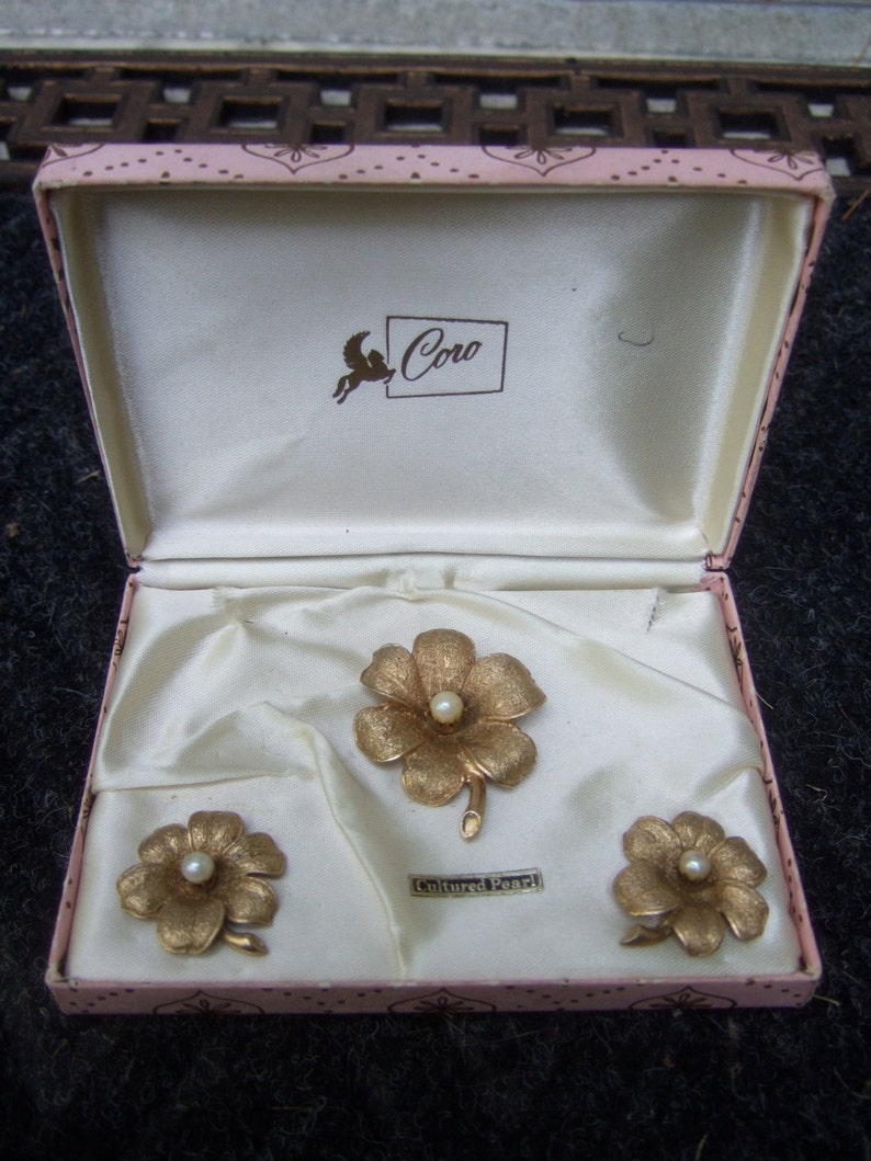 CORO Pearl Flower Brooch & Earrings in Original Box image 3